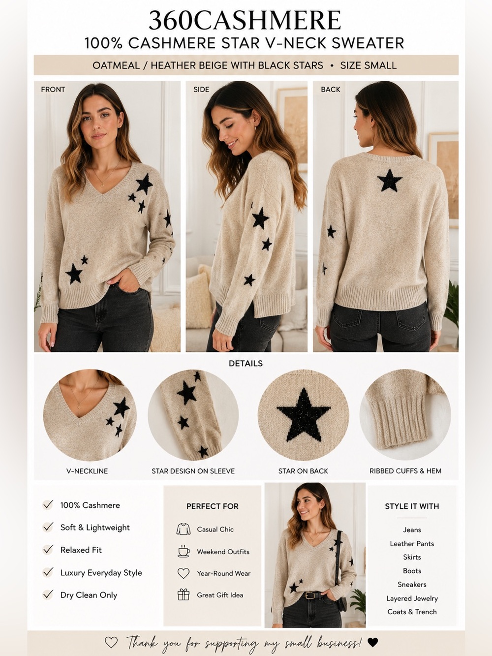 360Cashmere Women’s Small 100% Cashmere Star V-Neck Sweater Oatmeal Black